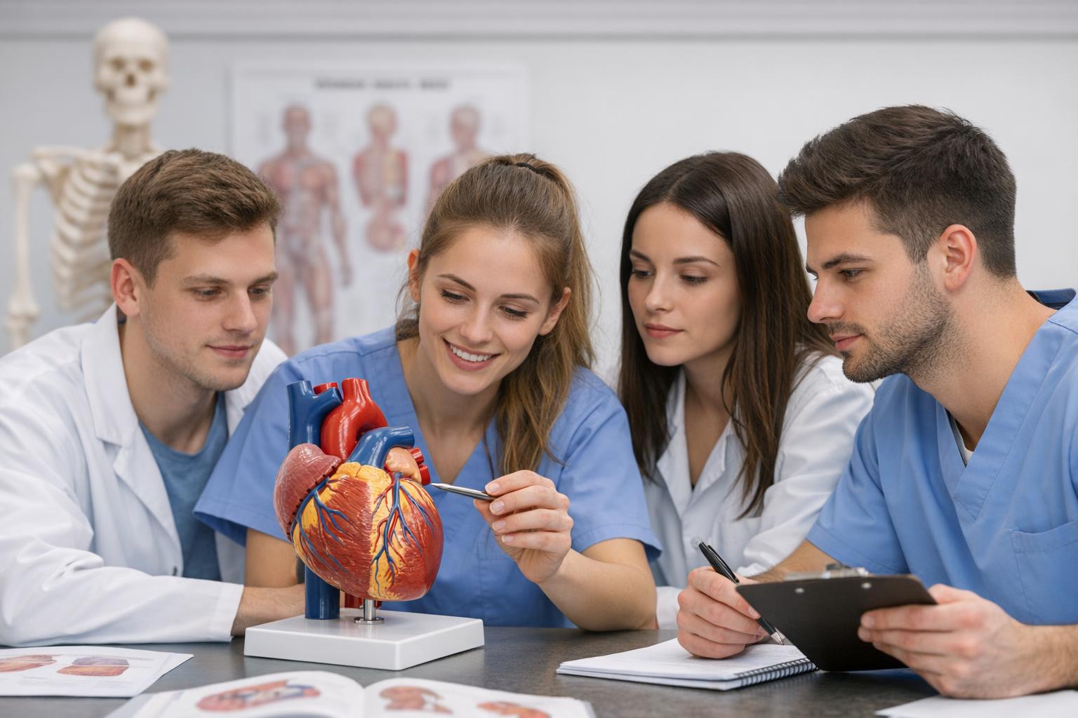 Zajęcia z anatomii: studenci pracują z modelem anatomicznym ludzkiego serca