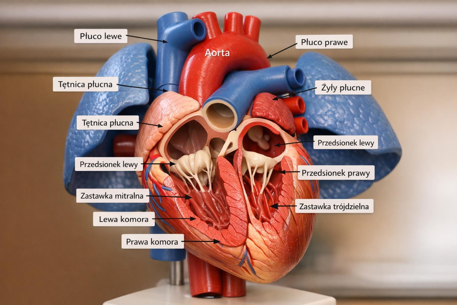 Zbliżenie na rozbieralny model anatomiczny serca z opisami