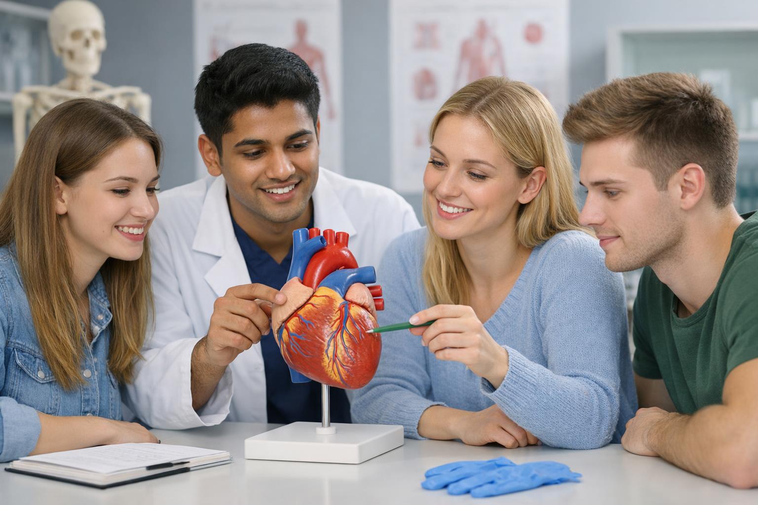 Studenci przy modelu anatomicznym serca podczas zajęć praktycznych